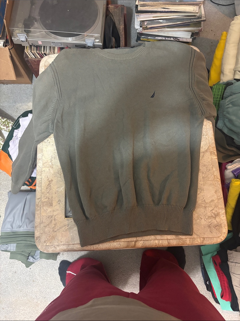 Nautica Men's Olive Green Crewneck Sweater with Sail Logo